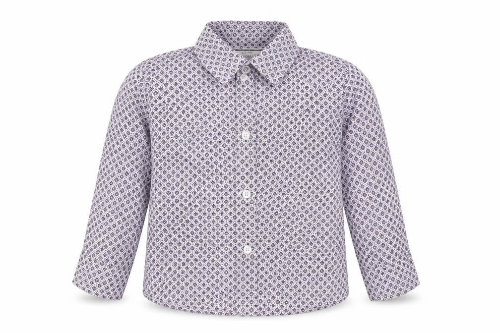 Front view of Notting Hill boys’ purple geometric cotton basic button-up, size 12-18, months collared button