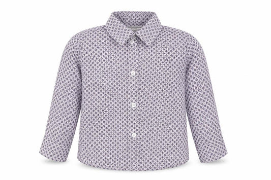Front view of Notting Hill boys’ purple geometric cotton basic button-up, size 12-18, months collared button