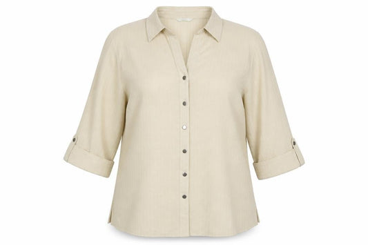 Front view of Marks & Spencer women’s yellow striped polyester basic button-up, size UK 14, collared