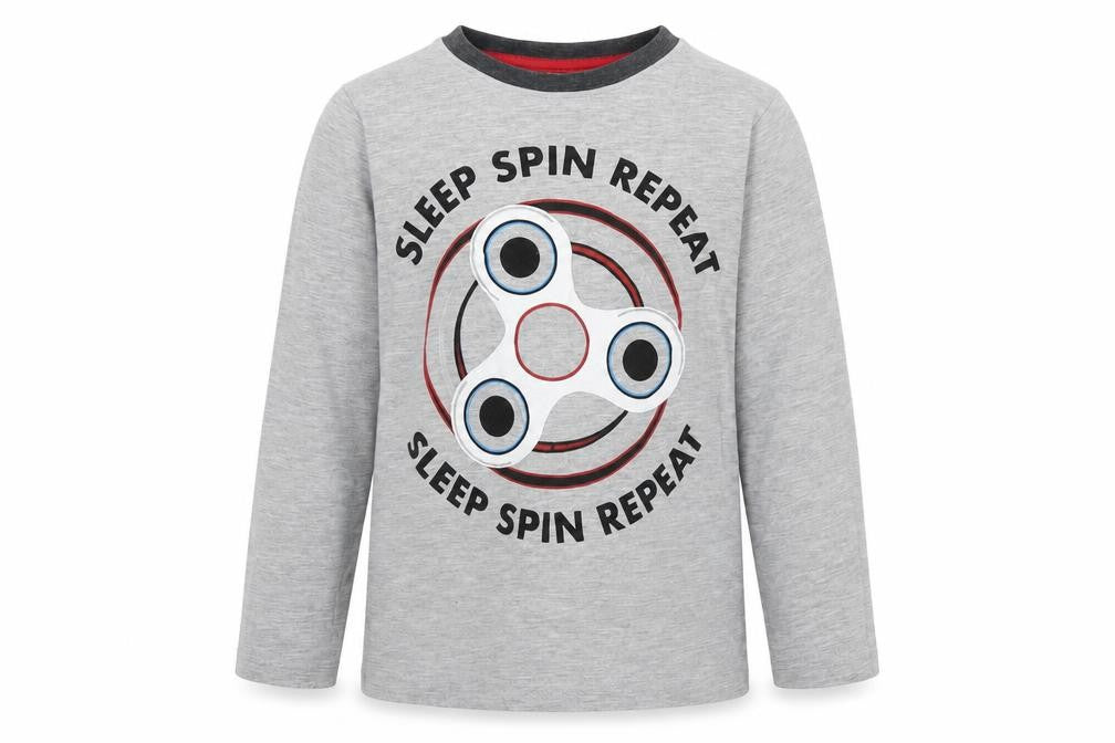 Front view of Next boys’ grey cotton pyjama top, size 5, years pullover - sleep spin repeat