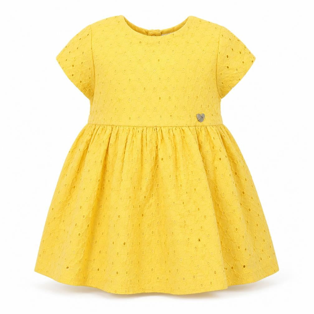 Vertbaudet Girls Yellow  Cotton Skater Dress  Size 9-12 Months  Crew Neck Snap
