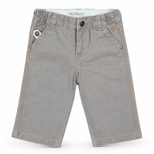 Front view of Natalys boys’ grey cotton capri jeans, size 12, months hook & eye