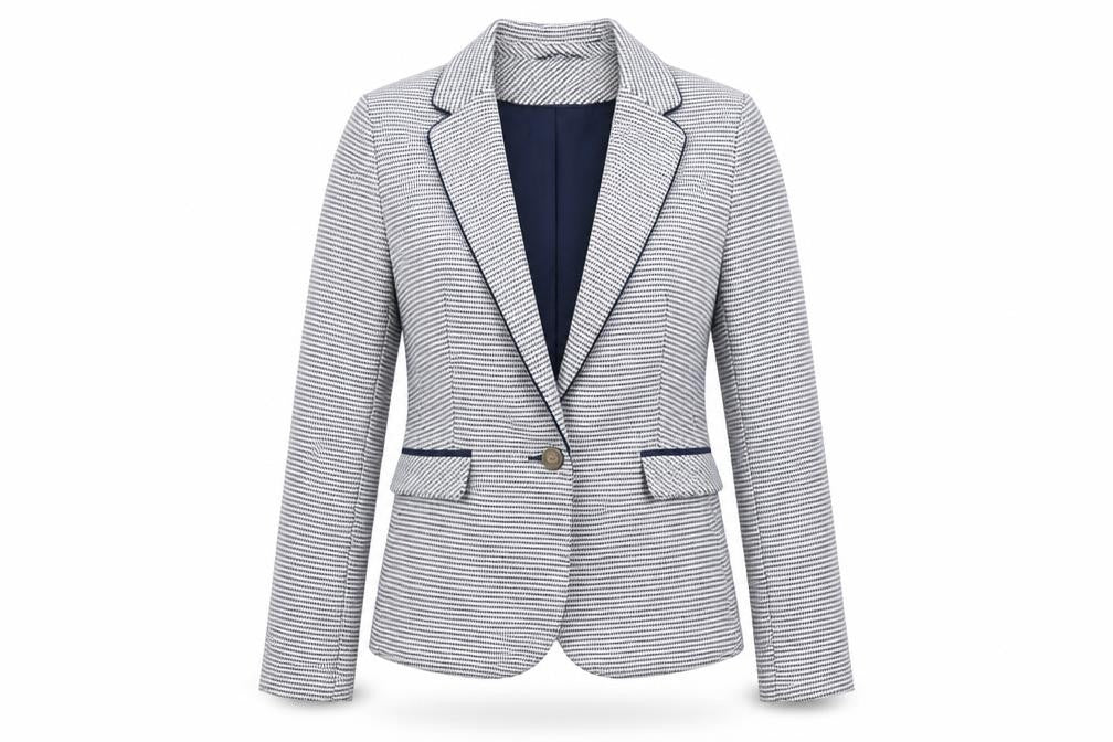Front view of Atmosphere women’s blue striped polyester jacket blazer, size UK 10