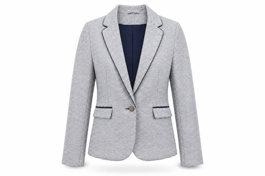 Front view of Atmosphere women’s blue striped polyester jacket blazer, size UK 10
