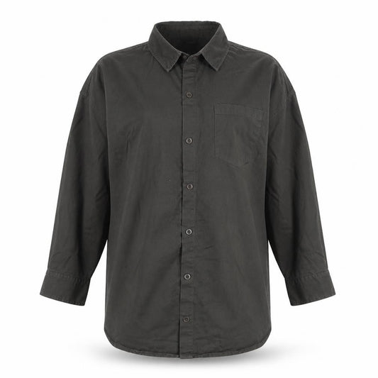 Front view of New Look women’s grey cotton basic button-up, size M, collared