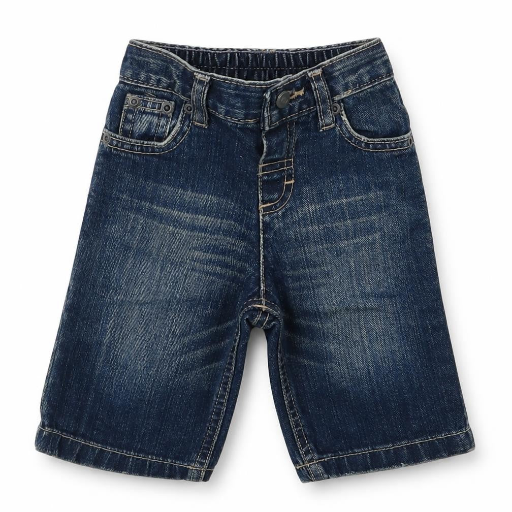 Front view of Matalan boys’ blue cotton capri jeans, size 3-6, months button