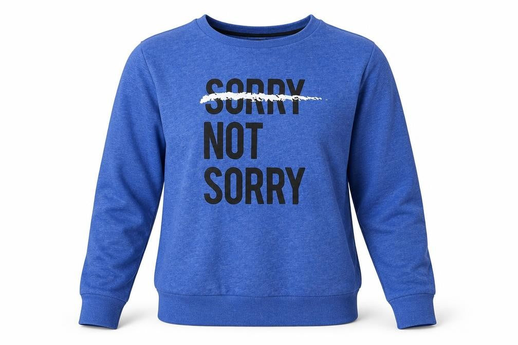 Front view of Atmosphere women’s blue polyester pullover sweatshirt, size UK 8, pullover - sorry not sorry