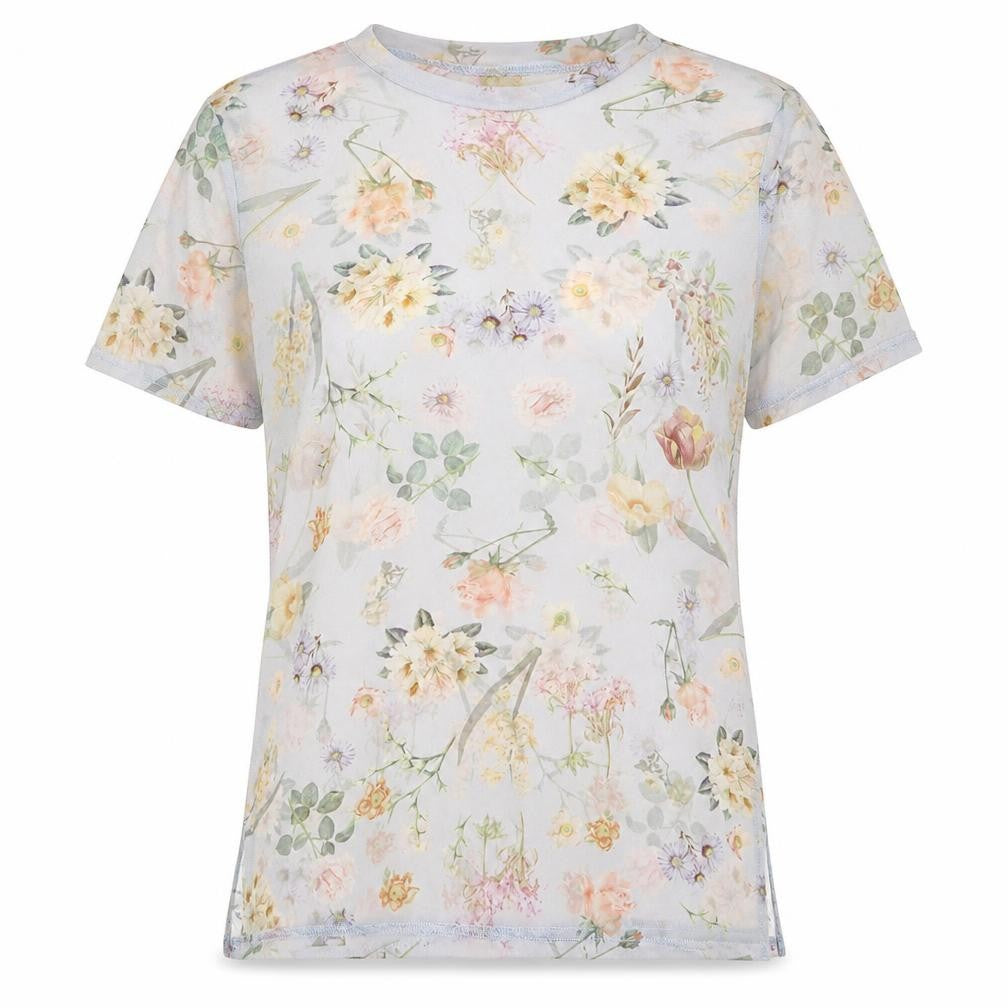 New Lok Womens Grey Floral Nylon Basic T-Shirt Size 8 Round Neck