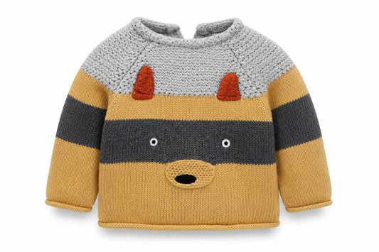Front view of Next boys’ beige striped cotton jumper, size 3-6, months button - raccoon