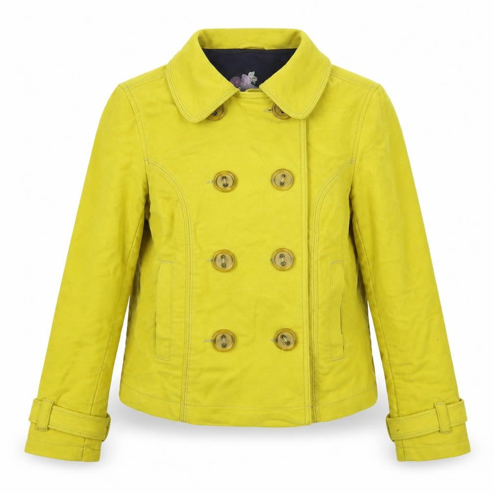 Front view of Next women’s yellow pea coat coat, size UK 12, button