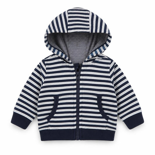 Front view of Next boys’ blue striped jacket, size 0-3, months zip
