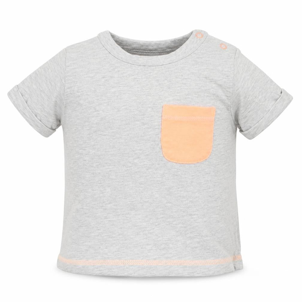 Front view of Next boys’ grey cotton basic t-shirt, size 0-3, months crew neck pullover - orange pocket