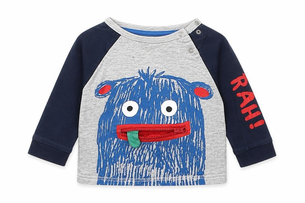 Front view of F&F boys’ multicoloured cotton basic t-shirt, size 0-3, months crew neck pullover - monster