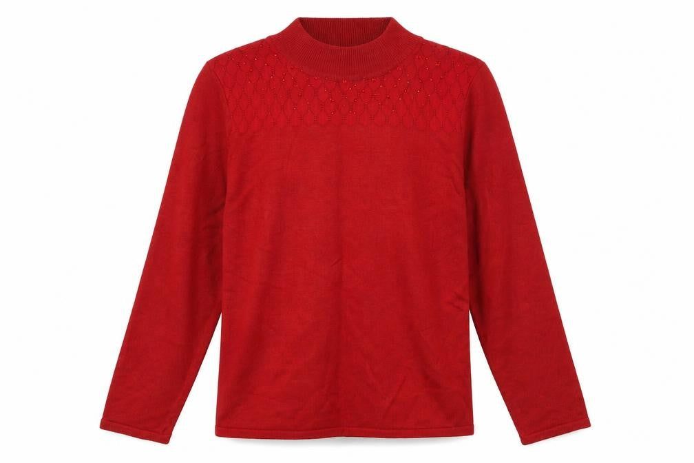 Front view of Bonmarché women’s red high neck acrylic jumper, size M