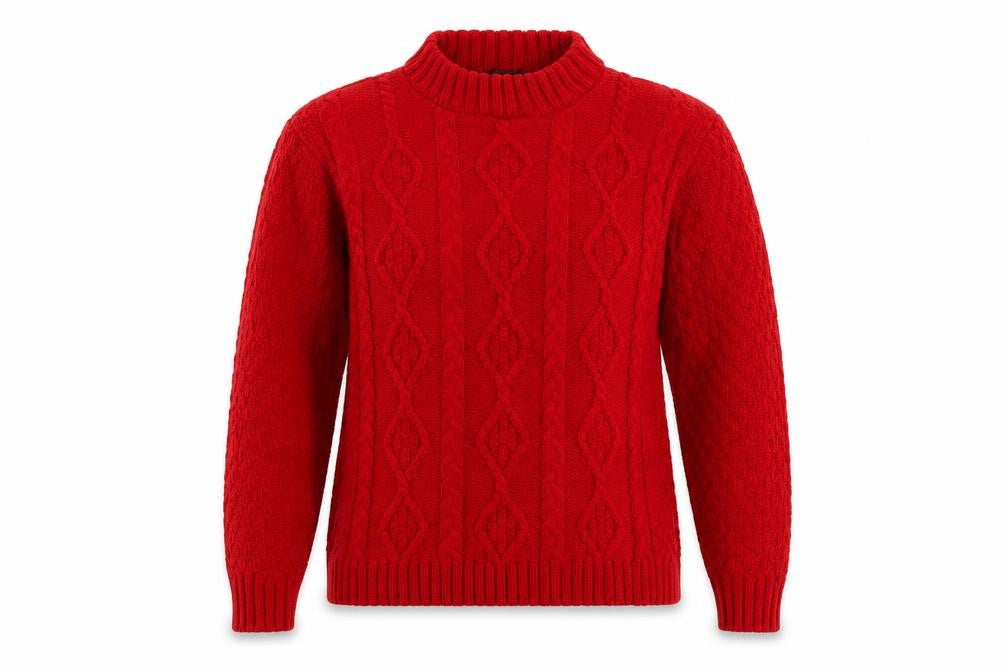 Front view of PINK women’s red high neck acrylic jumper, size M