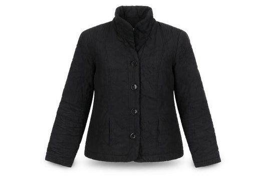 Front view of Tendenza women’s black jacket coat, size UK 8, button