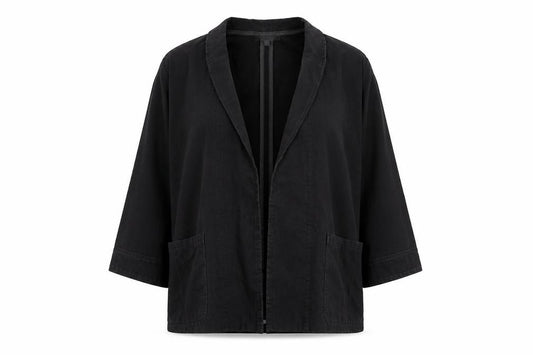 Front view of Per Una women’s black cotton jacket blazer, size UK 12