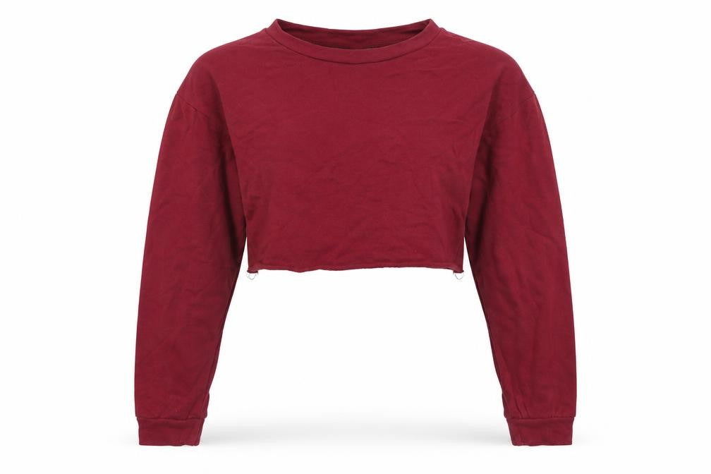 Front view of PRETTYLITTLETHING women’s red 100% cotton pullover sweatshirt, size UK 6, - cropped