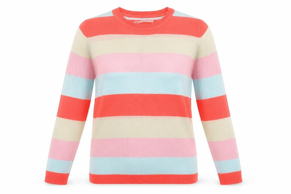 Front view of Only women’s multicoloured crew neck striped acrylic jumper, size L
