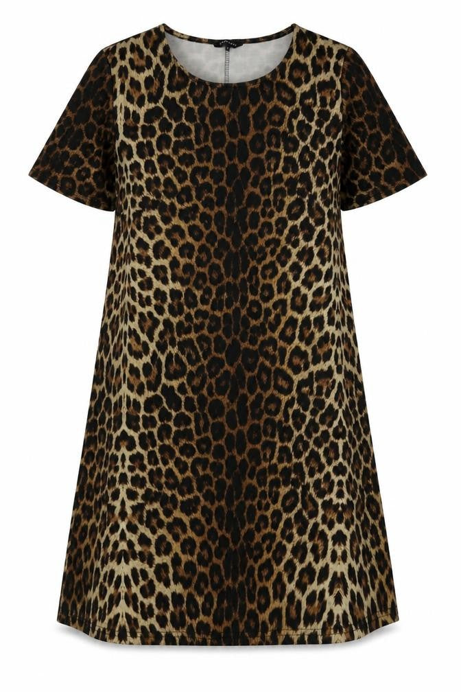 Front view of Peacocks women’s brown animal print polyester a-line, size UK 14, crew neck pullover