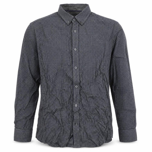 Front view of Autograph men’s blue check polyester button-up, size L, round neck button