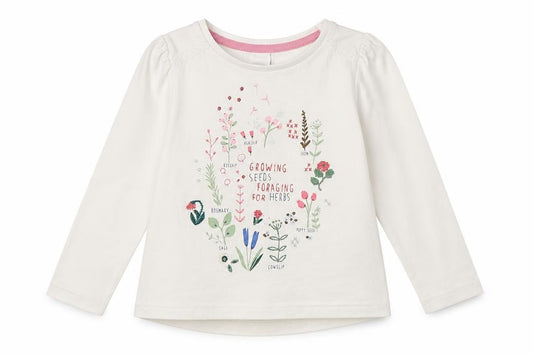 Front view of Mini Club girls’ white cotton basic casual, size 9-12, months round neck - flowers