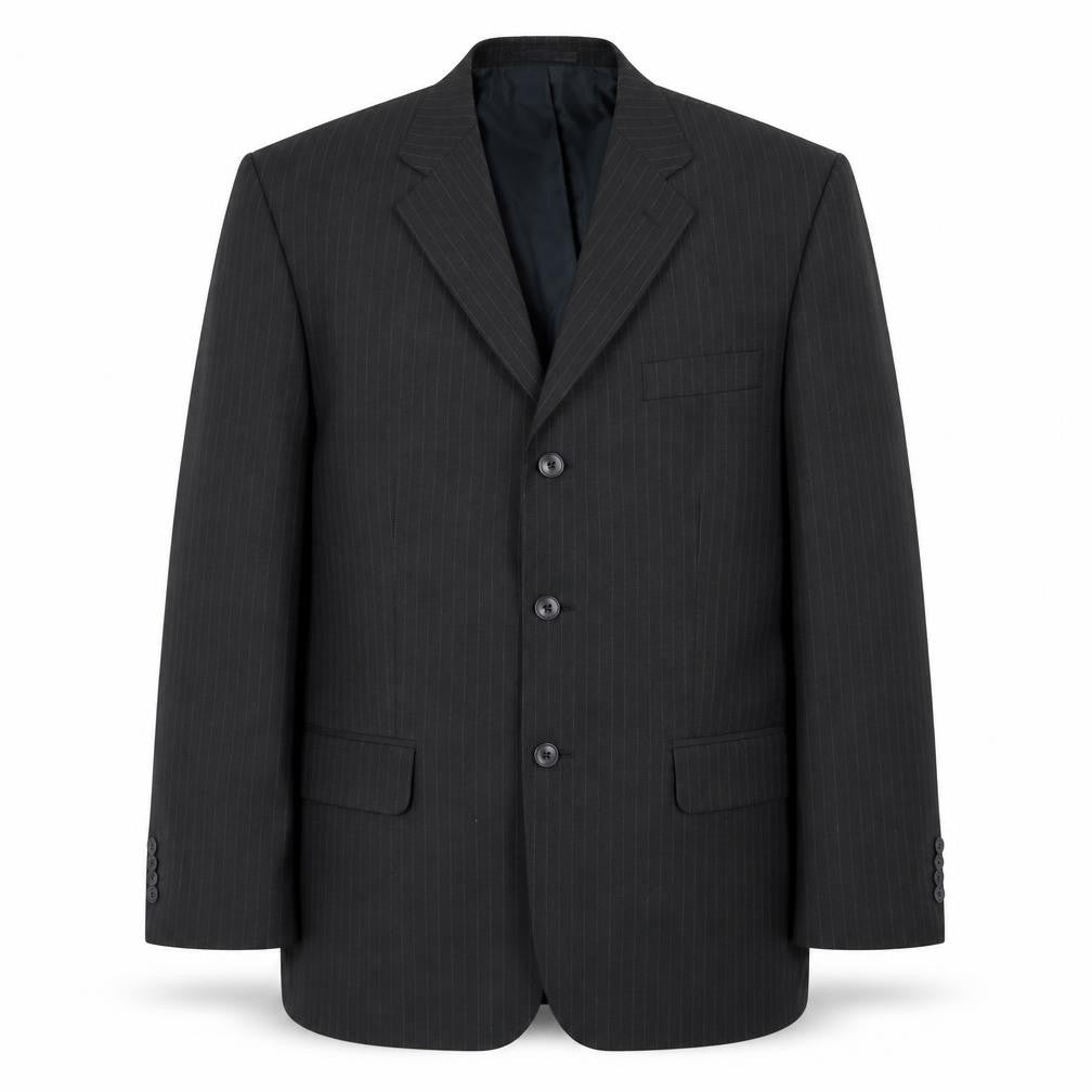 Front view of F&F men’s black striped polyester jacket blazer, size 44