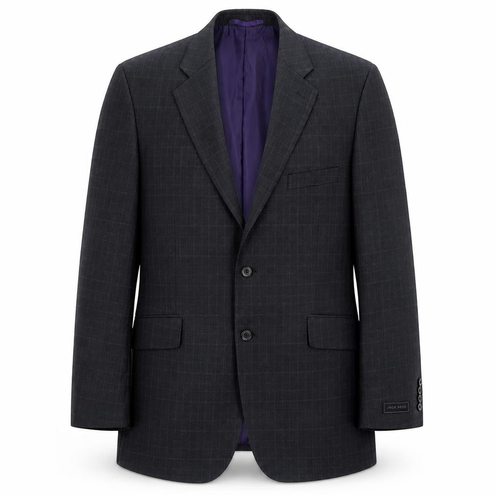 Front view of Jack Reid men’s grey plaid polyester jacket blazer, size 42
