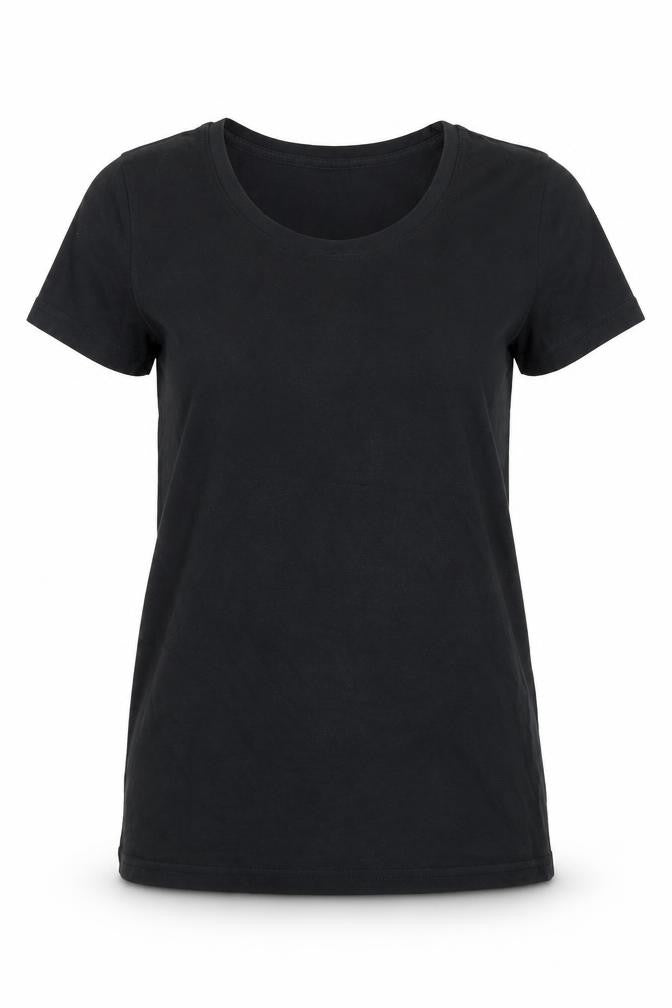Front view of Reebok women’s black cotton basic t-shirt, size S, crew neck
