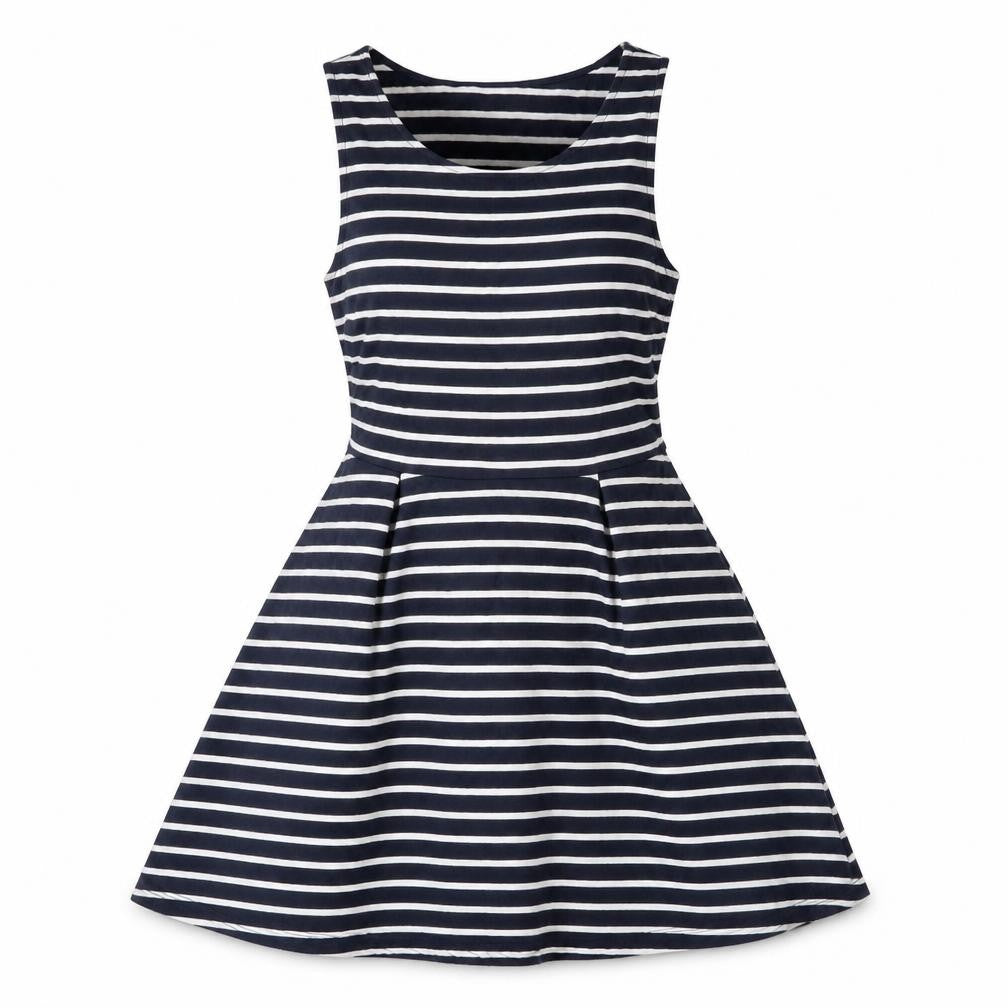 Front view of Vera Moda women’s blue striped polyester skater dress, size S, round neck pullover