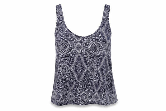 Front view of H&M women’s blue geometric polyester basic tank, size S, round neck