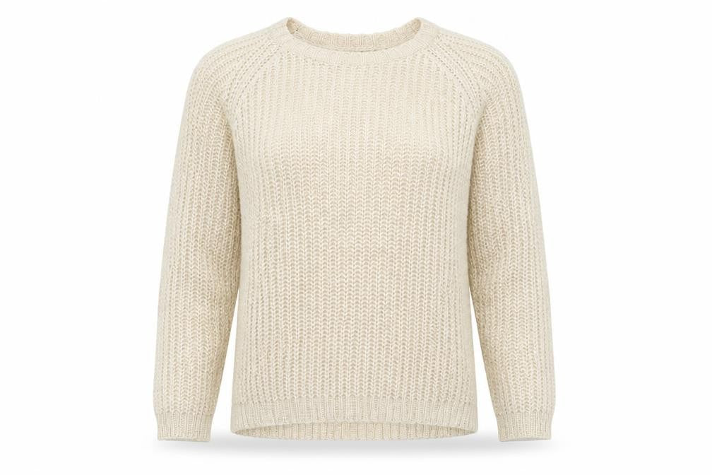 Front view of Atmosphere women’s ivory round neck acrylic jumper, size UK 10