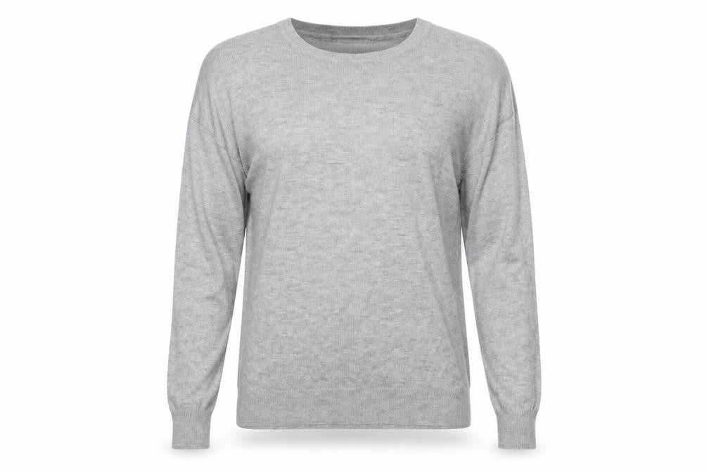 Front view of Atmosphere women’s grey round neck acrylic jumper, size UK 8