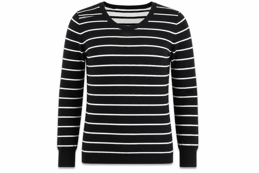 Front view of Linea women’s black round neck striped wool jumper, size S