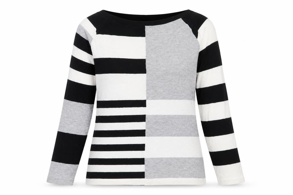 Front view of Next women’s black round neck striped cotton jumper, size UK 8