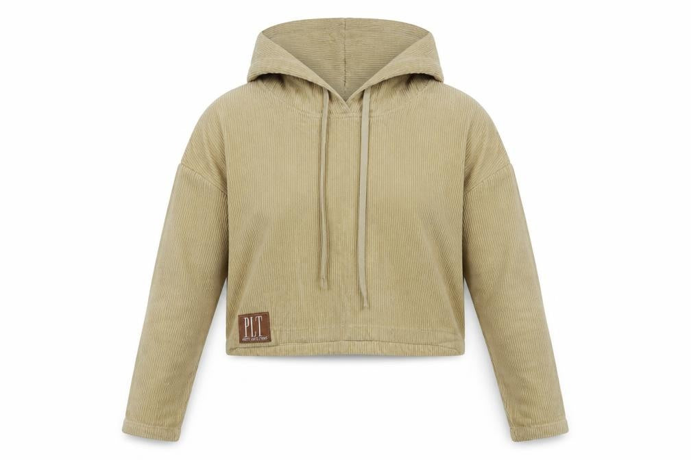 Front view of PRETTYLITTLETHING women’s beige cotton pullover hoodie, size UK 4, pullover