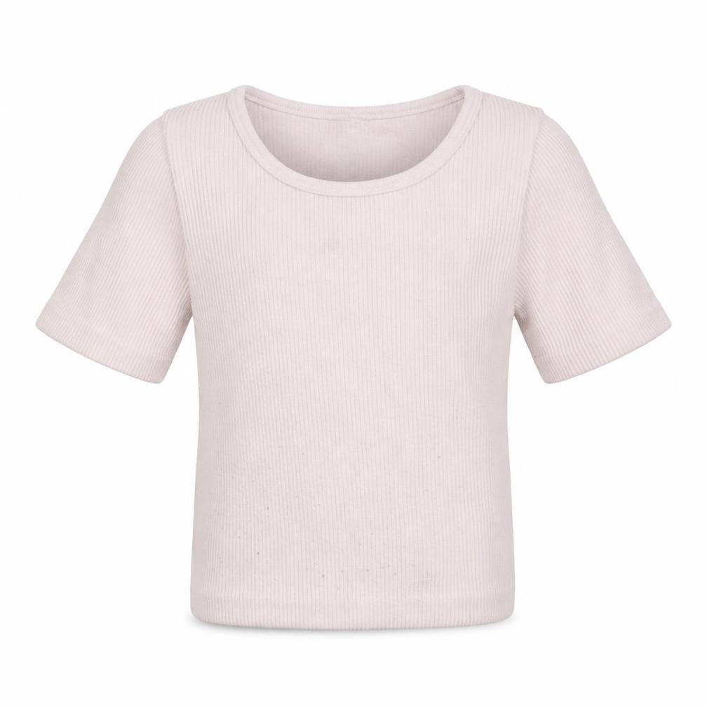 Front view of Dunnes girls’ pink nylon basic t-shirt, size 8-9, years crew neck pullover