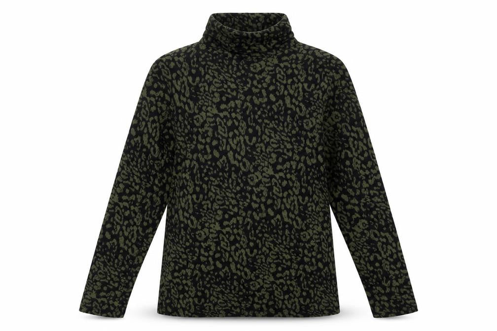 Front view of M&Co women’s green roll neck animal print polyester jumper, size UK 8