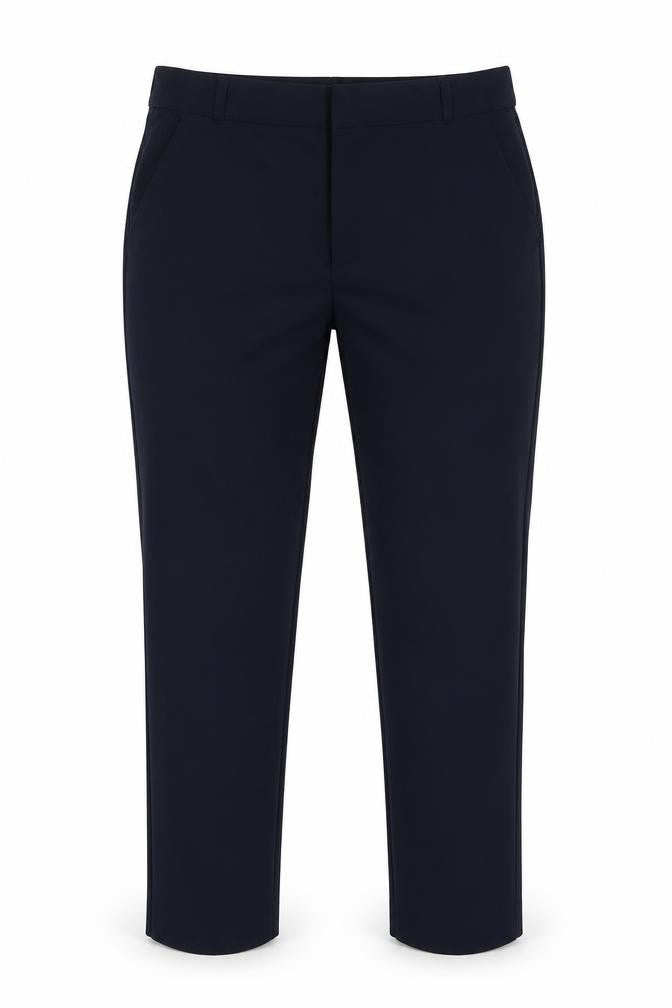 Front view of Stradivarius women’s blue polyester trousers, size UK 12, 25-inch leg regular hook & eye