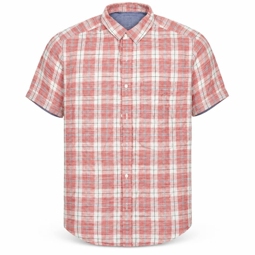 Front view of Marks & Spencer men’s red check cotton button-up, size M, collared button