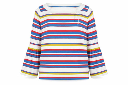 Front view of Next women’s multicoloured round neck striped viscose jumper, size UK 12