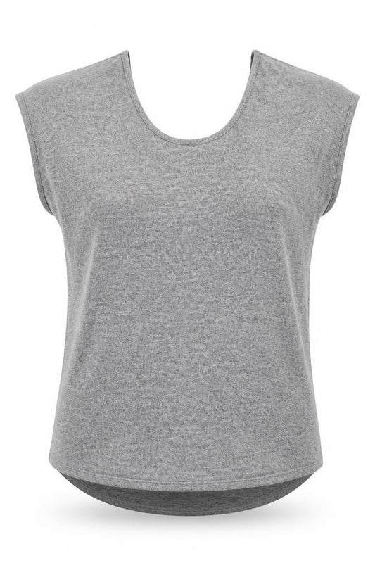 Front view of Boohoo women’s grey polyester basic t-shirt, size UK 8, round neck