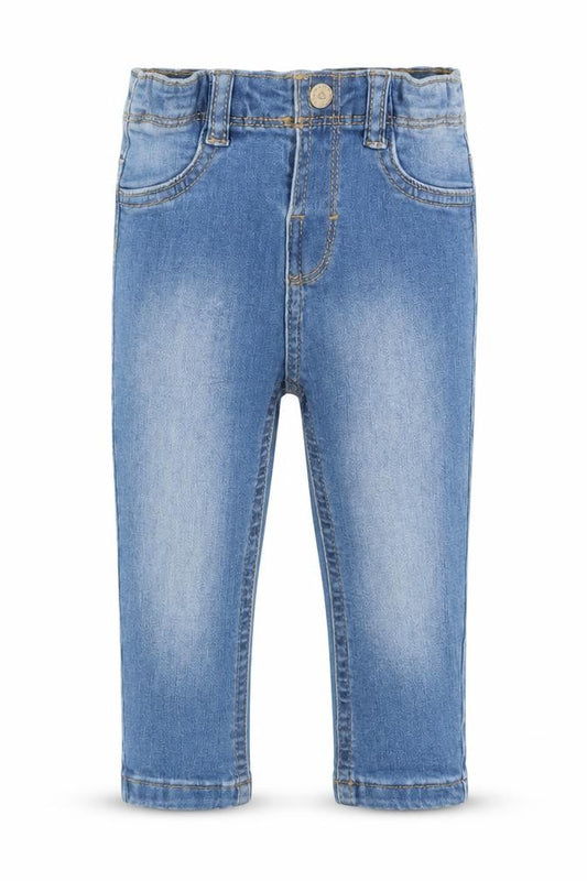 Front view of Mayoral Baby Blue Cotton Capri Jeans, size 3-6, Months Button