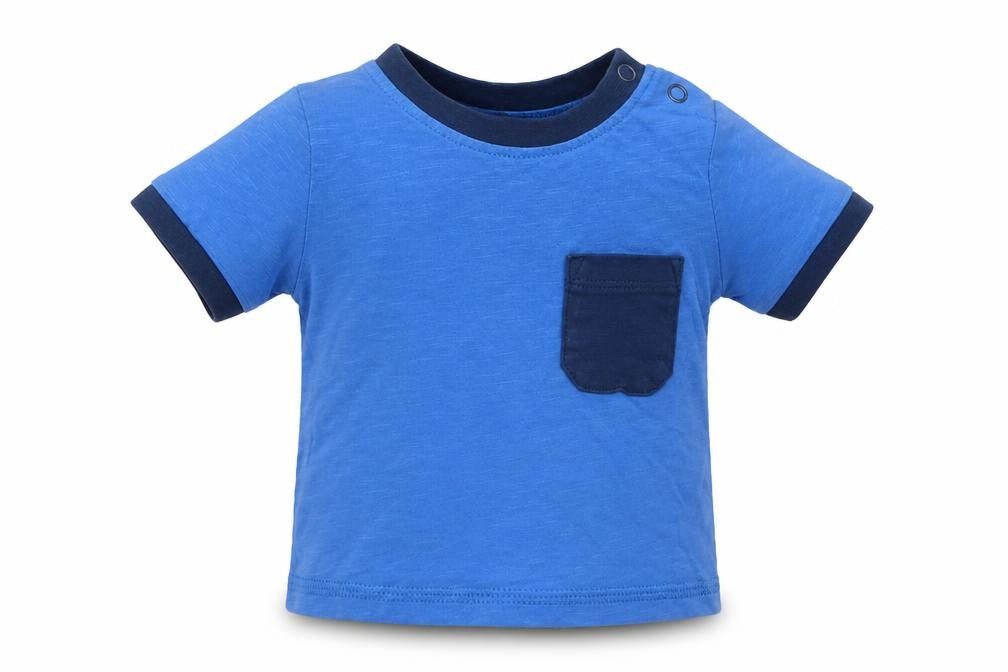 Front view of Tu boys’ blue cotton basic t-shirt, size 0-3, months crew neck pullover