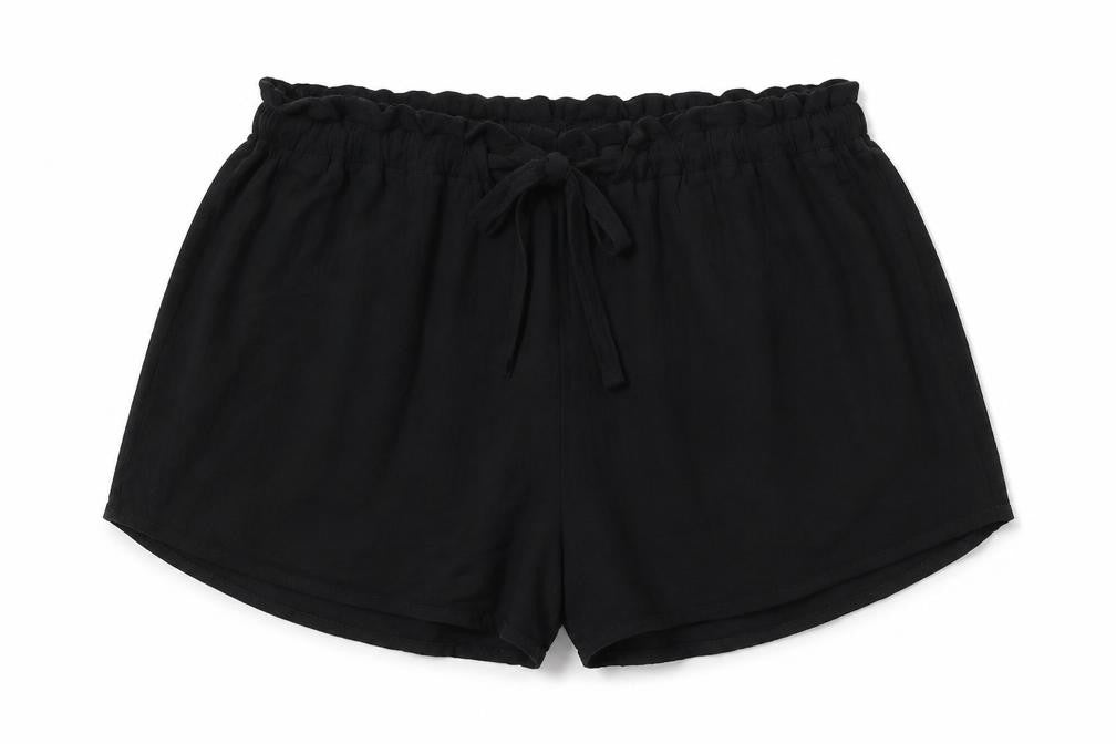 Front view of H&M women’s black viscose mom shorts, size UK 10, regular
