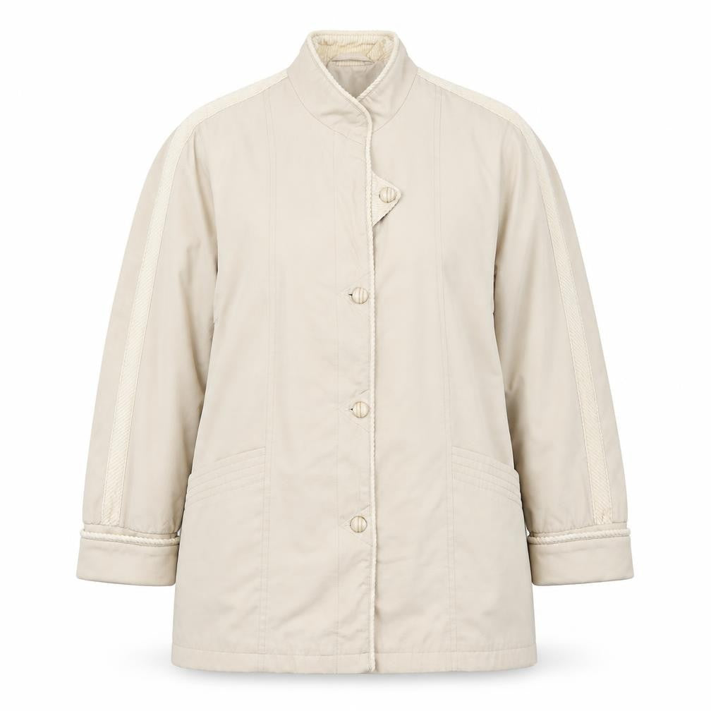 Front view of Jan Robert women’s beige jacket, size UK 10, button