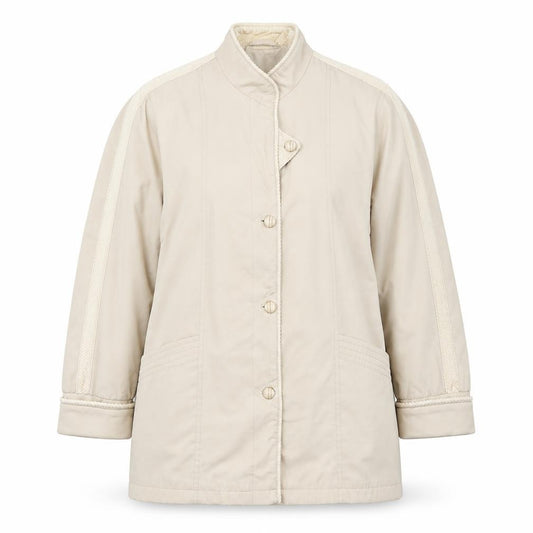 Front view of Jan Robert women’s beige jacket, size UK 10, button