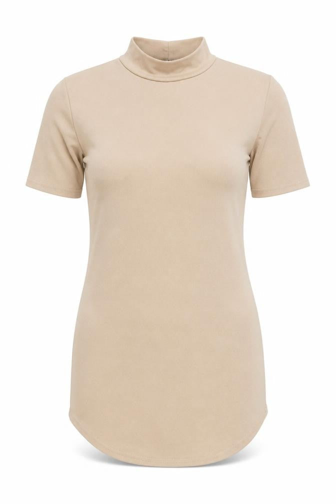 Front view of Cameo Rose women’s beige polyester basic t-shirt, size UK 10, mock neck