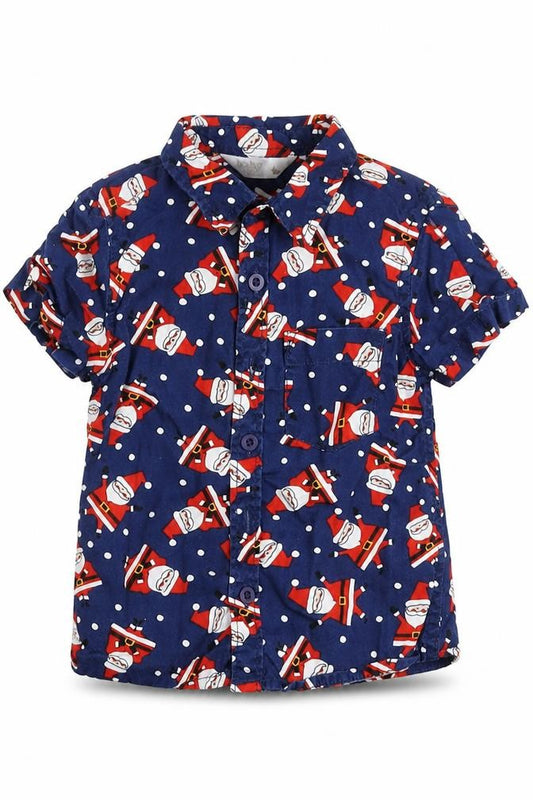 Front view of M&Co Blue 100% Cotton Basic Button-Up, size 12-18, Months Round Neck Button - Santa
