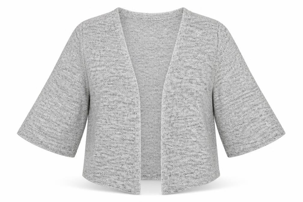 Front view of Atmosphere women’s grey v-neck viscose shrug jumper, size UK 6